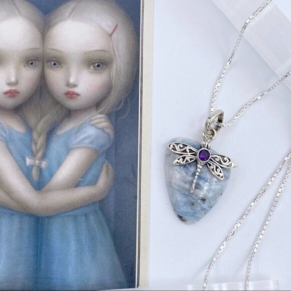 Dragonfly Blue Scheelite & Amethyst Solid Sterling Silver Necklace - Picture 2 of 4